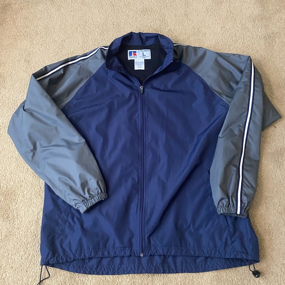 Vintage Russell Athletic Men's Navy and Gray Track Jacket Size L